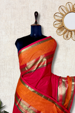 Load image into Gallery viewer, Kanchi Cotton Saree - Flush Red  + Tango Orange
