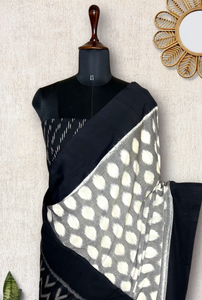 Handwoven Pochampally Cotton Saree - Classic Gray + Black