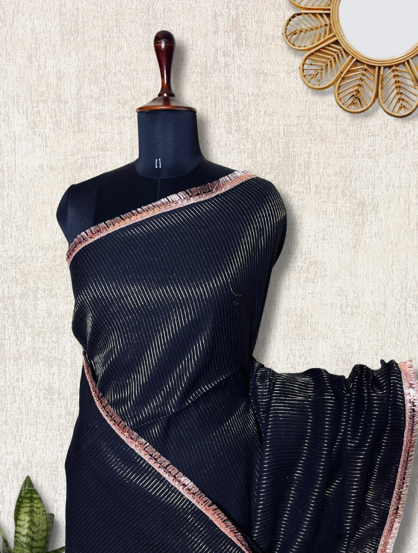Handwoven Cotton Saree -  Pearl Black + Gold