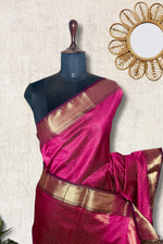 Load image into Gallery viewer, Handwoven Maheshwari Silk Cotton Saree - Cerise Pink + Dark Maroon
