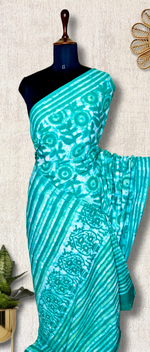 Load image into Gallery viewer, Handblock Printed Cotton Saree -  Fountain Green  + Swiss White

