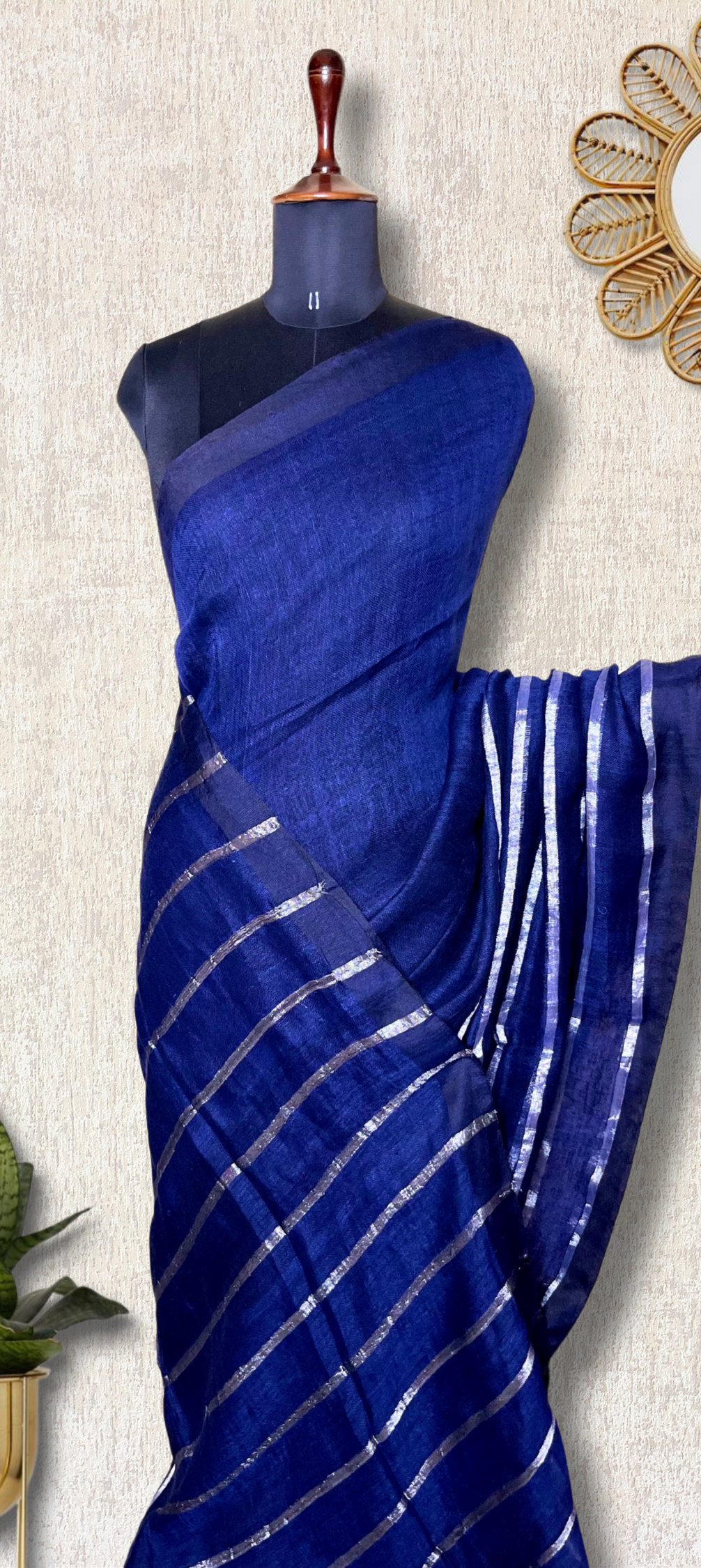 Handwoven Linen Saree - Royal Blue + Silver