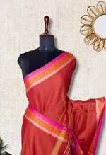 Load image into Gallery viewer, Handwoven Cotton Saree - Flamingo Orange + Solid Pink
