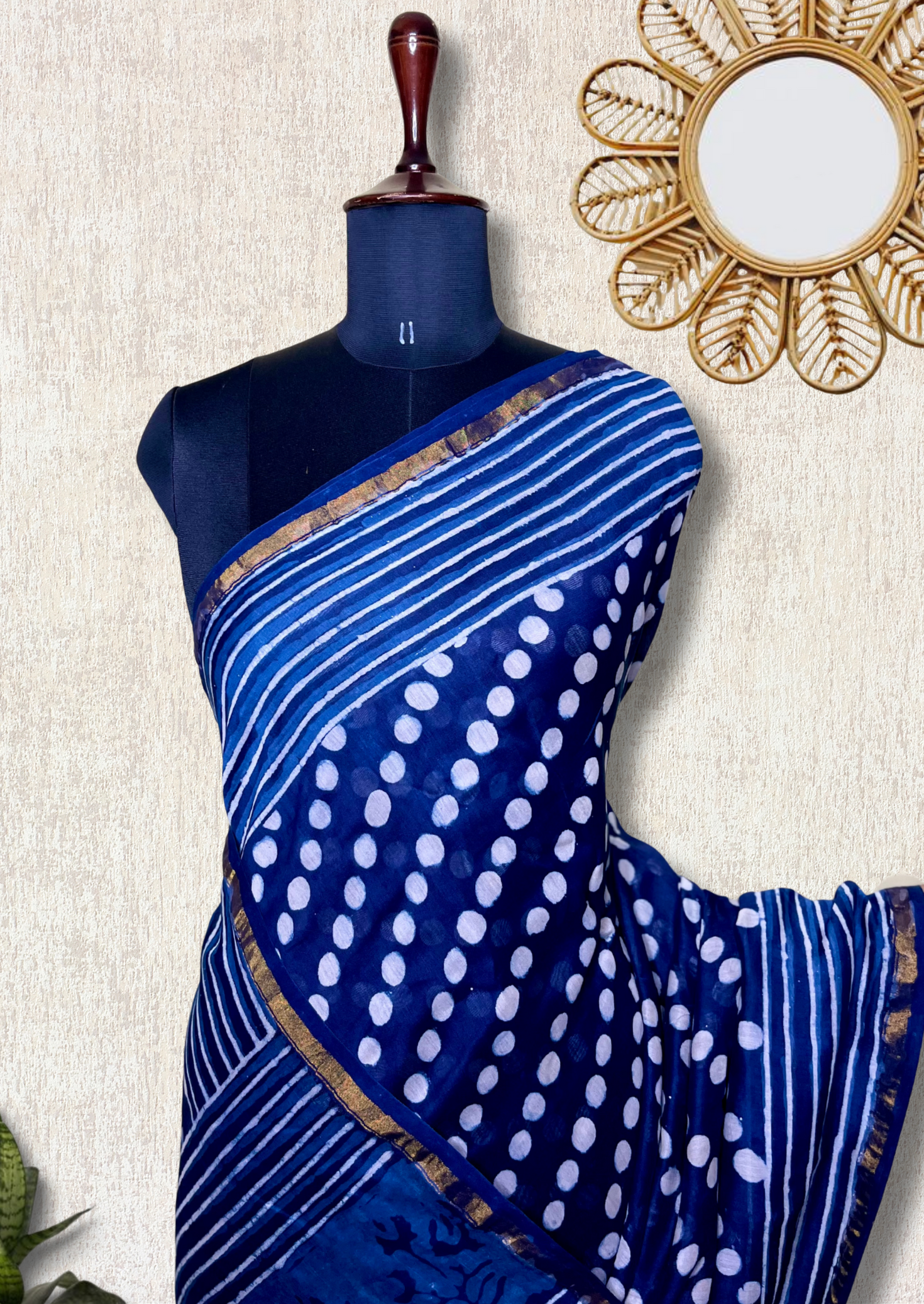 Handblock Printed Silk Cotton Saree -  Deep Sapphire Blue + Merino White