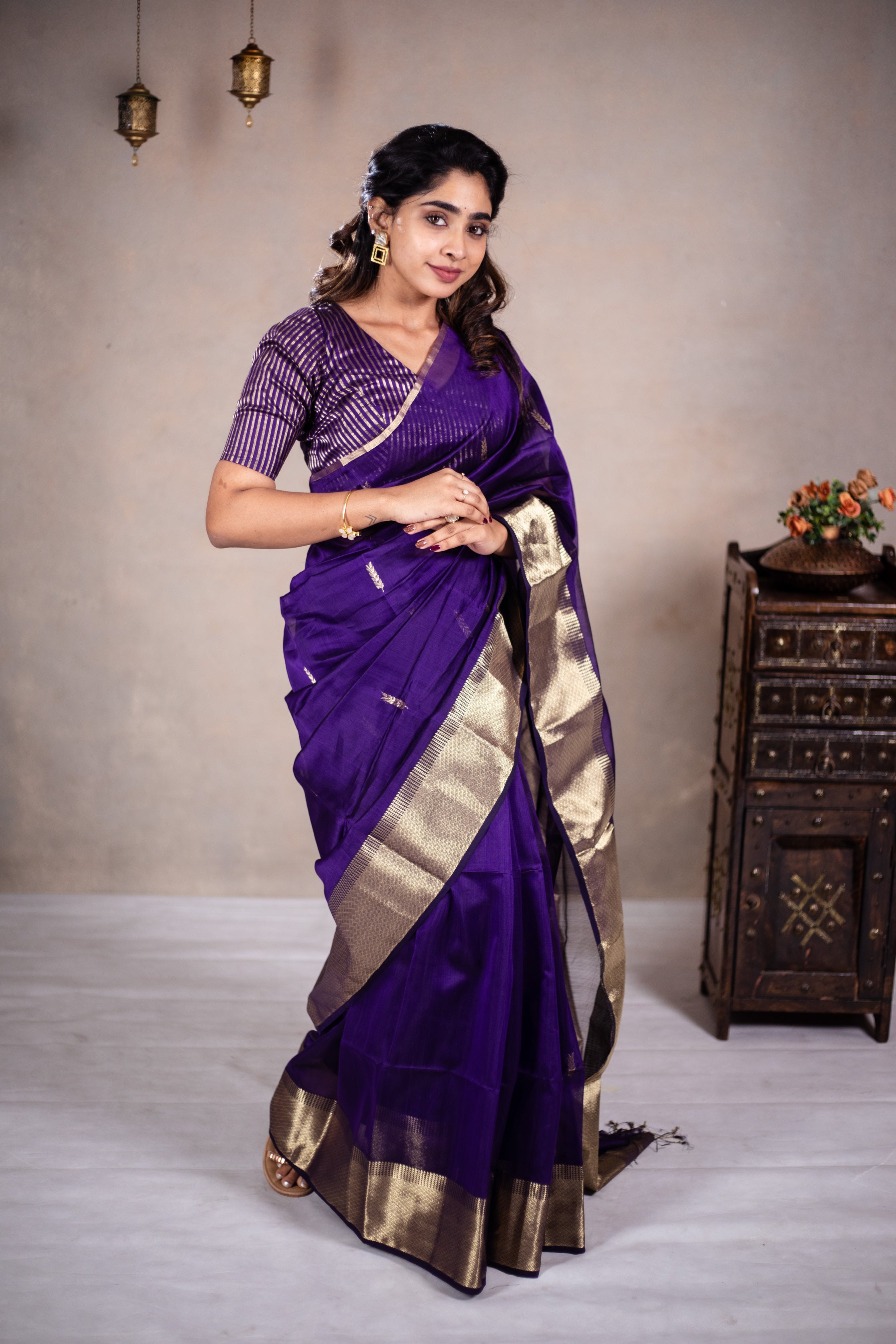 Reeva - Handwoven silk cotton saree - Dark Grape Purple + Gold