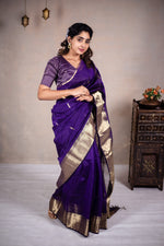 Load image into Gallery viewer, Reeva - Handwoven silk cotton saree - Dark Grape Purple + Gold
