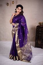 Load image into Gallery viewer, Reeva - Handwoven silk cotton saree - Dark Grape Purple + Gold
