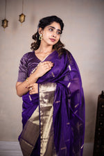 Load image into Gallery viewer, Reeva - Handwoven silk cotton saree - Dark Grape Purple + Gold
