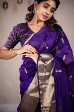 Load image into Gallery viewer, Reeva - Handwoven silk cotton saree - Dark Grape Purple + Gold
