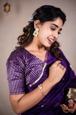 Load image into Gallery viewer, Reeva - Handwoven silk cotton saree - Dark Grape Purple + Gold
