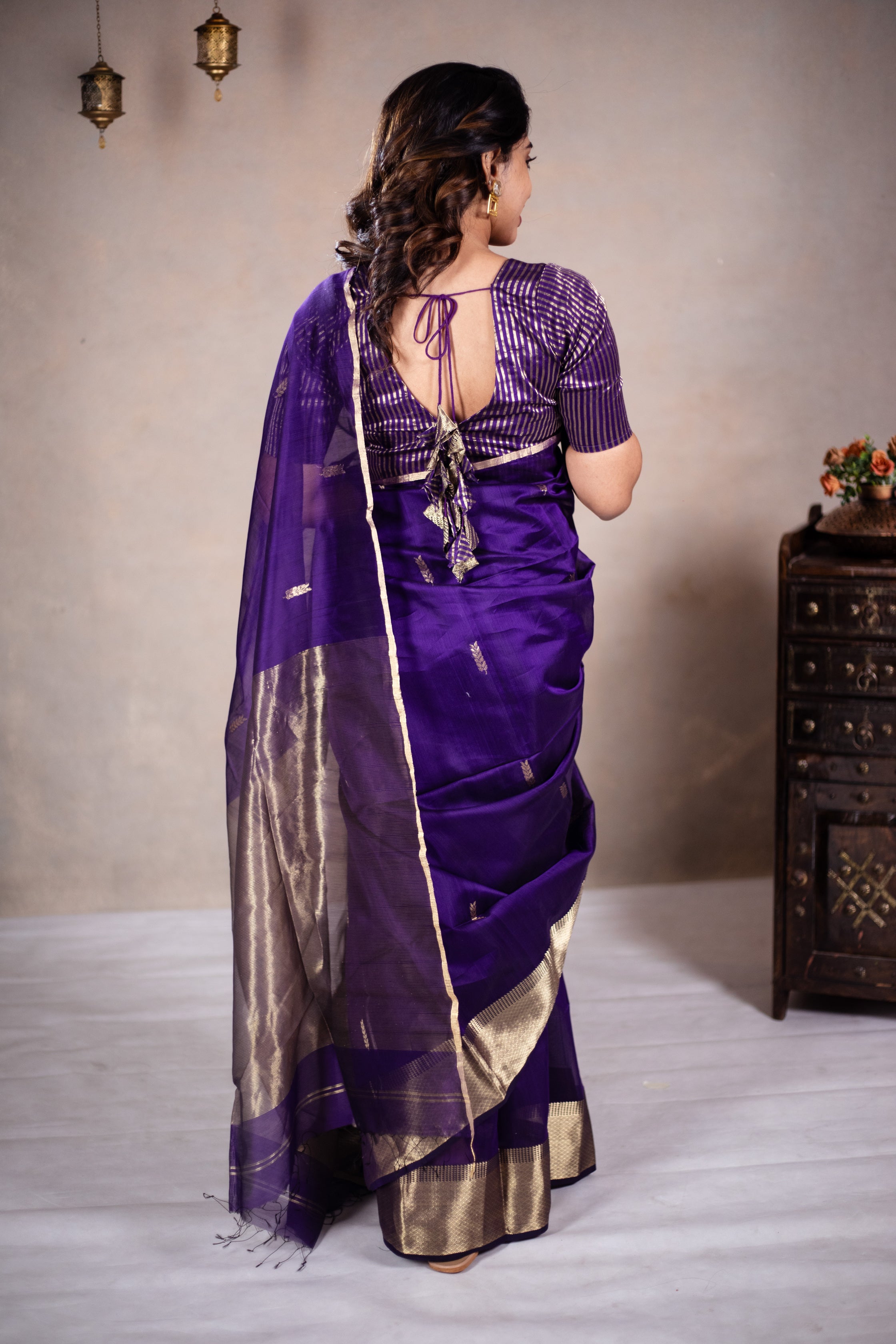 Reeva - Handwoven silk cotton saree - Dark Grape Purple + Gold