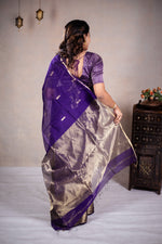 Load image into Gallery viewer, Reeva - Handwoven silk cotton saree - Dark Grape Purple + Gold
