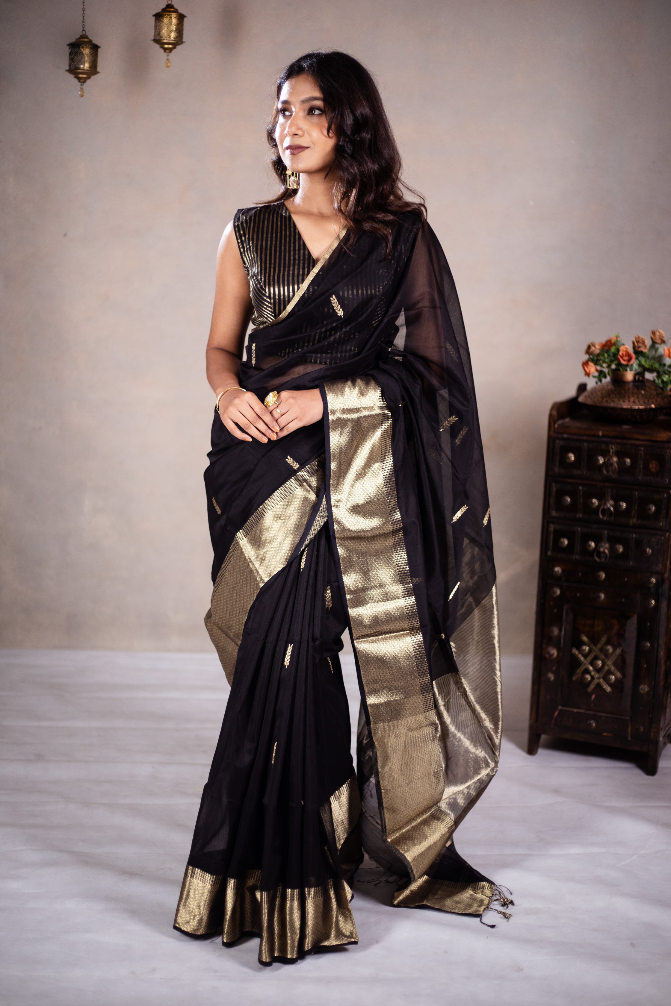 Reeva - Handwoven silk cotton saree - Black Pearl + Gold