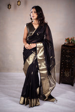 Load image into Gallery viewer, Reeva - Handwoven silk cotton saree - Black Pearl + Gold
