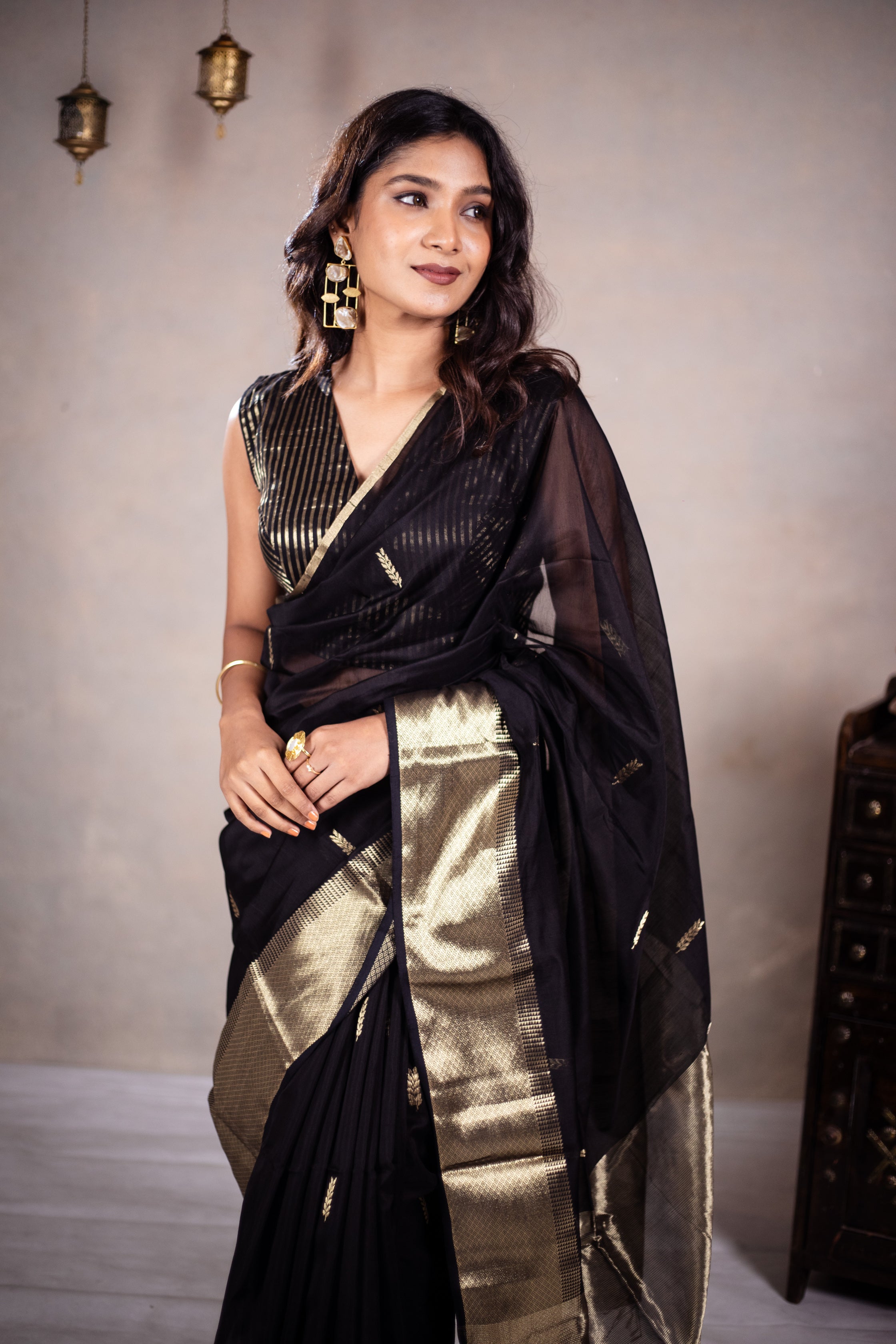 Reeva - Handwoven silk cotton saree - Black Pearl + Gold