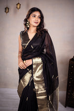 Load image into Gallery viewer, Reeva - Handwoven silk cotton saree - Black Pearl + Gold
