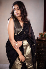 Load image into Gallery viewer, Reeva - Handwoven silk cotton saree - Black Pearl + Gold
