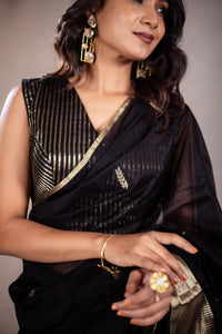 Reeva - Handwoven silk cotton saree - Black Pearl + Gold