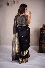 Load image into Gallery viewer, Reeva - Handwoven silk cotton saree - Black Pearl + Gold
