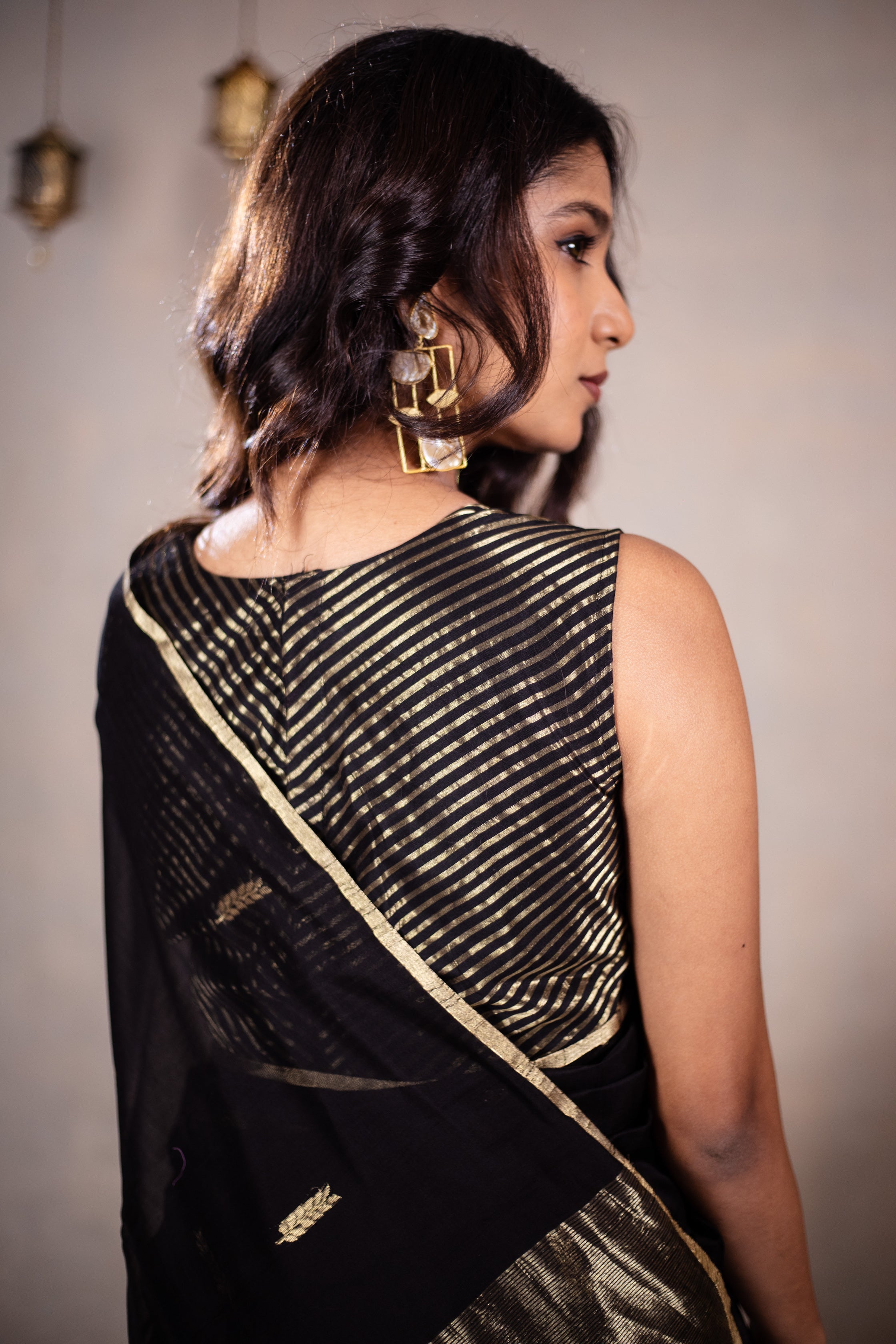 Reeva - Handwoven silk cotton saree - Black Pearl + Gold