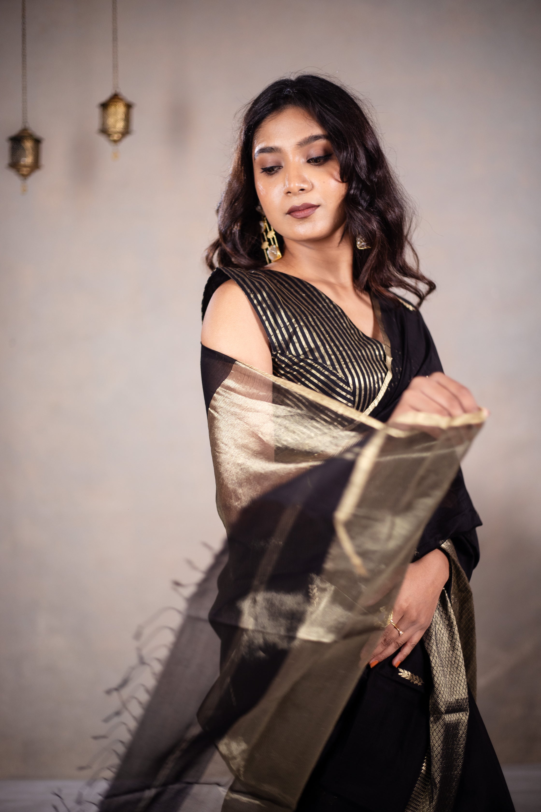 Reeva - Handwoven silk cotton saree - Black Pearl + Gold