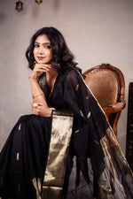 Load image into Gallery viewer, Reeva - Handwoven silk cotton saree - Black Pearl + Gold
