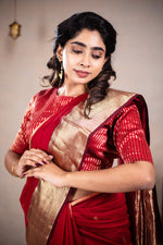 Load image into Gallery viewer, Reeva - Handwoven silk cotton saree -  Thunderbird Red + Gold
