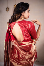 Load image into Gallery viewer, Reeva - Handwoven silk cotton saree -  Thunderbird Red + Gold
