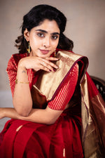 Load image into Gallery viewer, Reeva - Handwoven silk cotton saree -  Thunderbird Red + Gold
