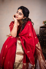 Load image into Gallery viewer, Reeva - Handwoven silk cotton saree -  Thunderbird Red + Gold
