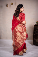 Load image into Gallery viewer, Reeva - Handwoven silk cotton saree -  Thunderbird Red + Gold
