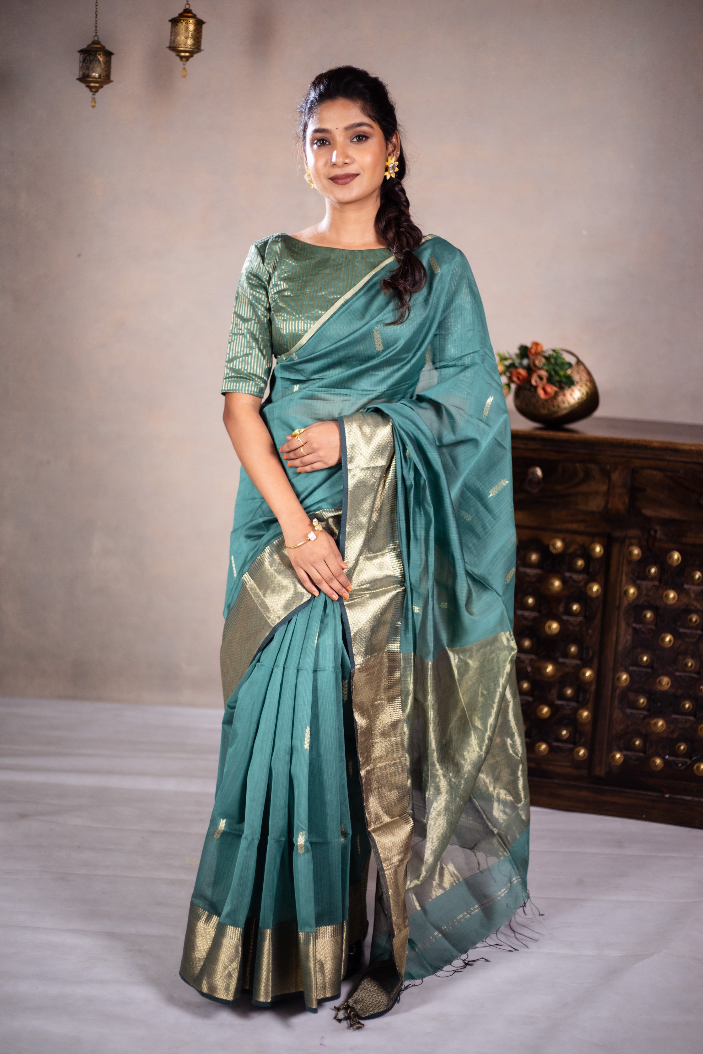 Leela - Handwoven silk cotton saree -  Smalt Blue Green + Gold