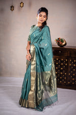 Load image into Gallery viewer, Leela - Handwoven silk cotton saree -  Smalt Blue Green + Gold
