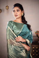 Load image into Gallery viewer, Leela - Handwoven silk cotton saree -  Smalt Blue Green + Gold
