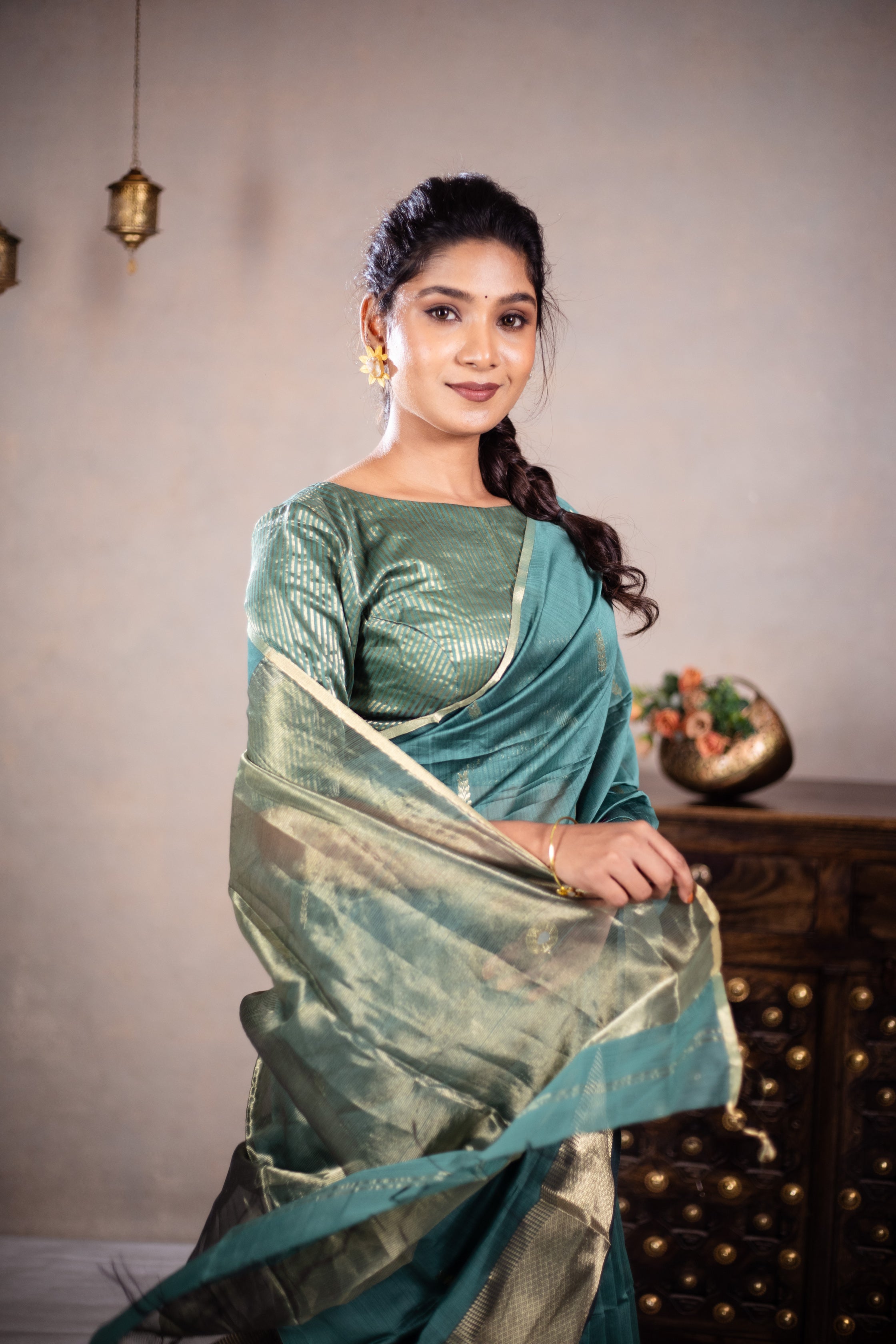 Leela - Handwoven silk cotton saree -  Smalt Blue Green + Gold