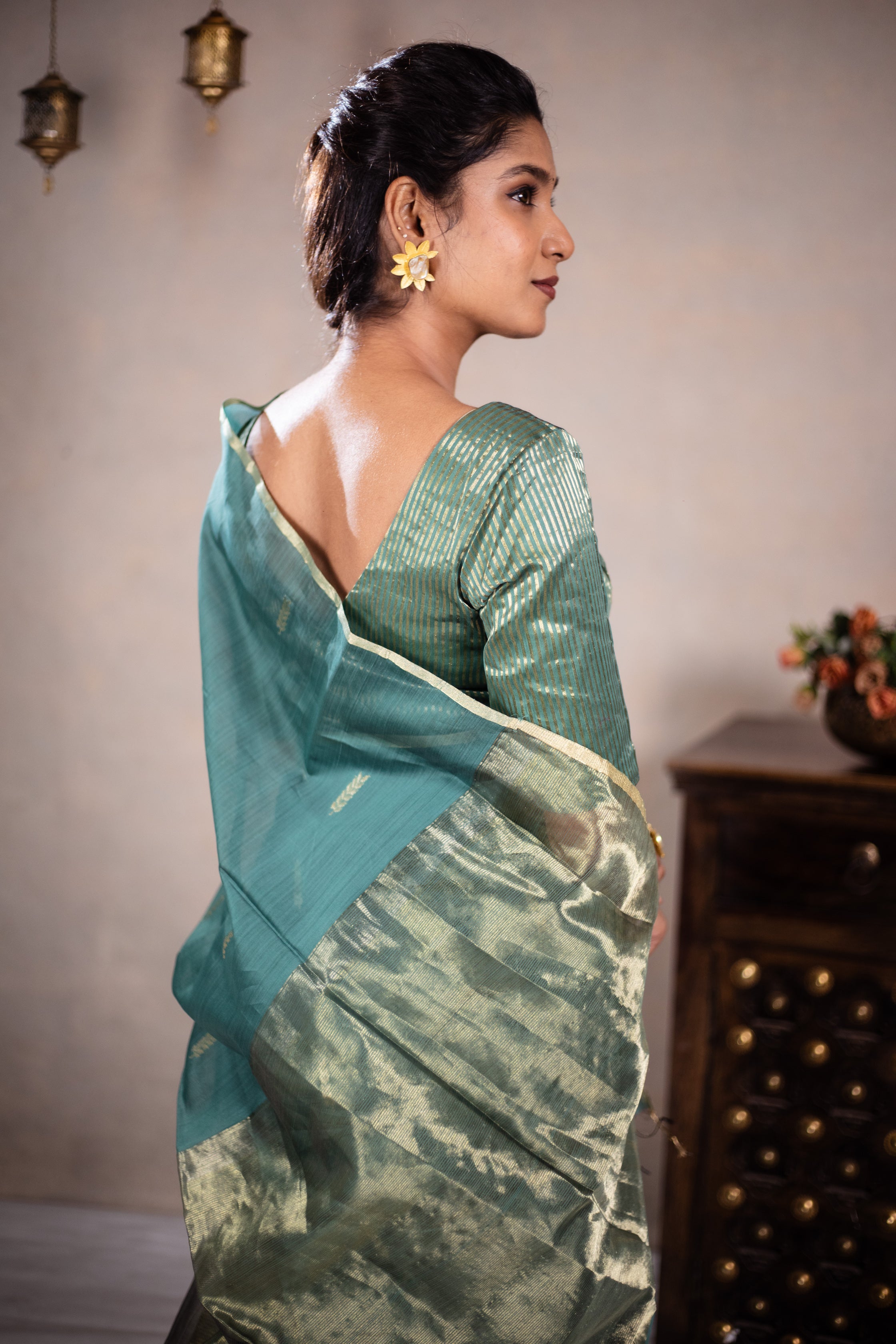 Leela - Handwoven silk cotton saree -  Smalt Blue Green + Gold