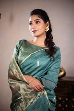 Load image into Gallery viewer, Leela - Handwoven silk cotton saree -  Smalt Blue Green + Gold
