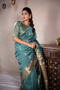 Leela - Handwoven silk cotton saree -  Smalt Blue Green + Gold