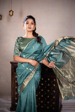 Load image into Gallery viewer, Leela - Handwoven silk cotton saree -  Smalt Blue Green + Gold
