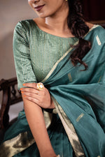 Load image into Gallery viewer, Leela - Handwoven silk cotton saree -  Smalt Blue Green + Gold
