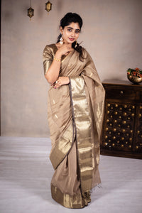 Leela - Handwoven silk cotton saree - Frosted Almond + Gold