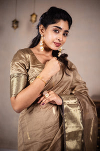 Leela - Handwoven silk cotton saree - Frosted Almond + Gold