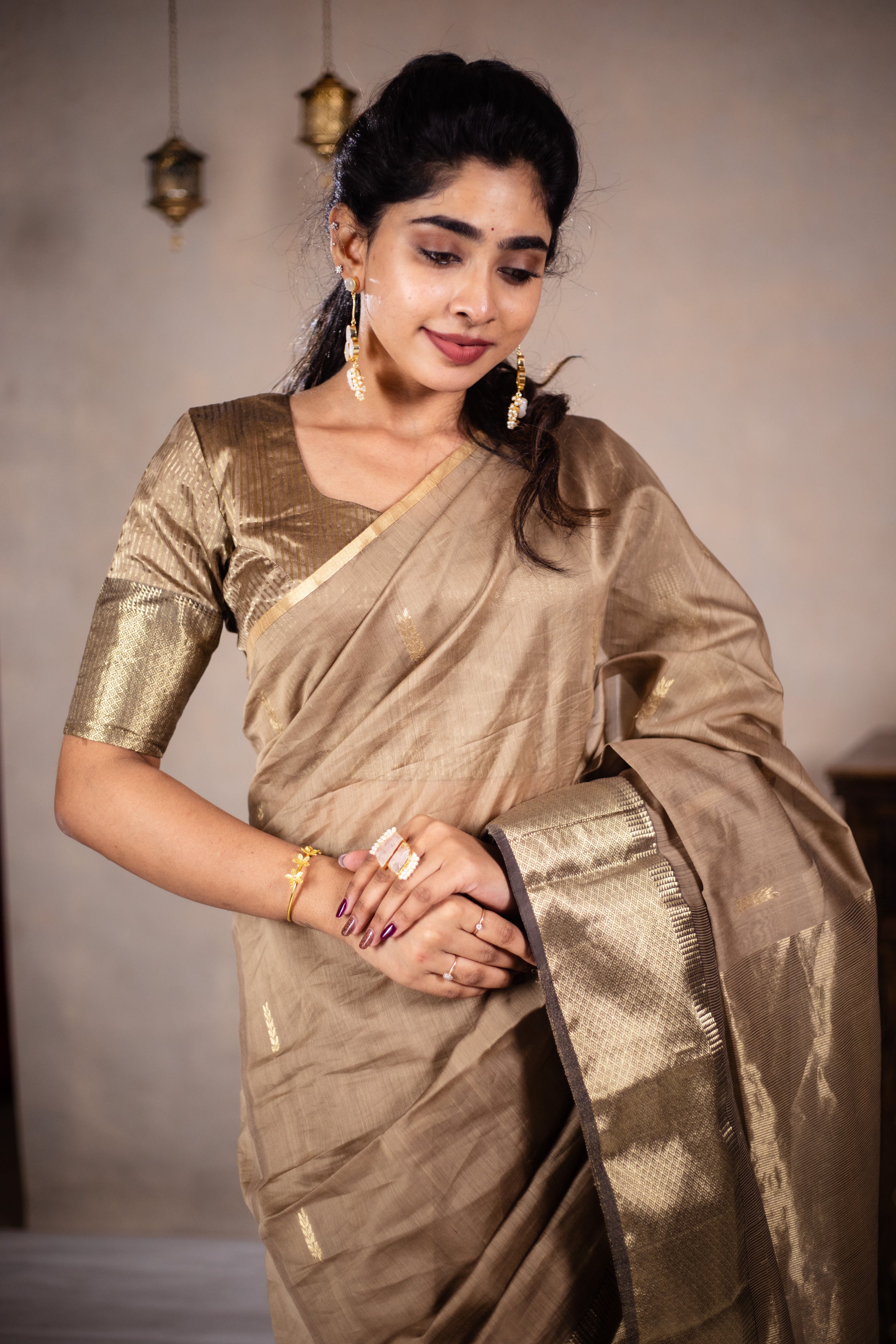 Leela - Handwoven silk cotton saree - Frosted Almond + Gold