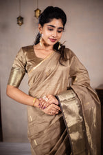 Load image into Gallery viewer, Leela - Handwoven silk cotton saree - Frosted Almond + Gold
