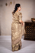 Load image into Gallery viewer, Leela - Handwoven silk cotton saree - Frosted Almond + Gold
