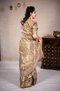 Leela - Handwoven silk cotton saree - Frosted Almond + Gold