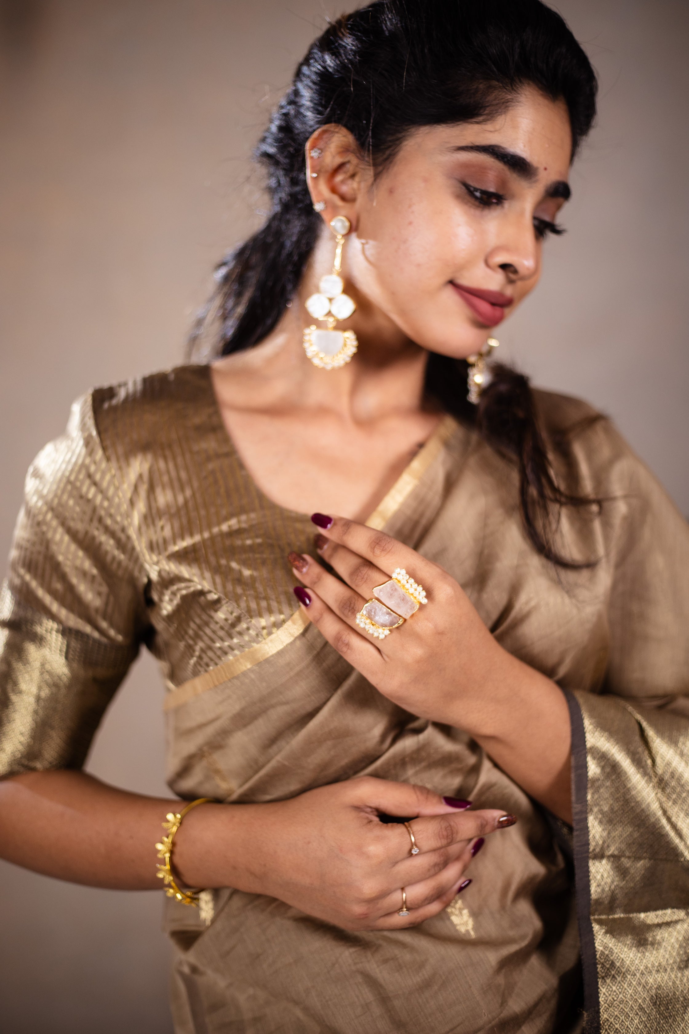 Leela - Handwoven silk cotton saree - Frosted Almond + Gold