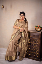 Load image into Gallery viewer, Leela - Handwoven silk cotton saree - Frosted Almond + Gold
