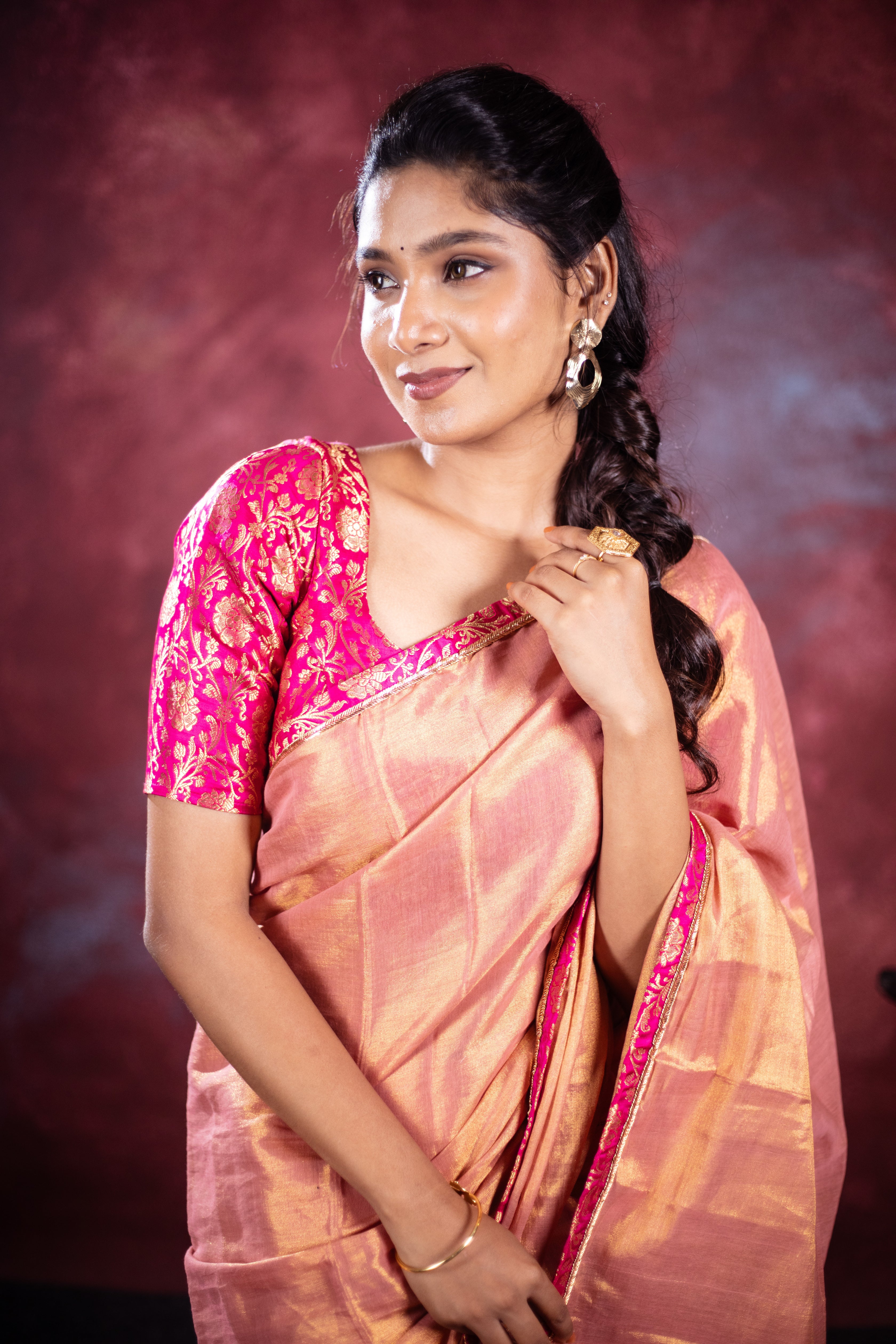 Varni Handwoven Tissue Saree - Apricot Blush + Cerise Pink