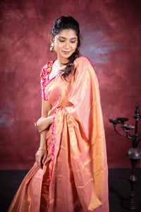 Varni Handwoven Tissue Saree - Apricot Blush + Cerise Pink